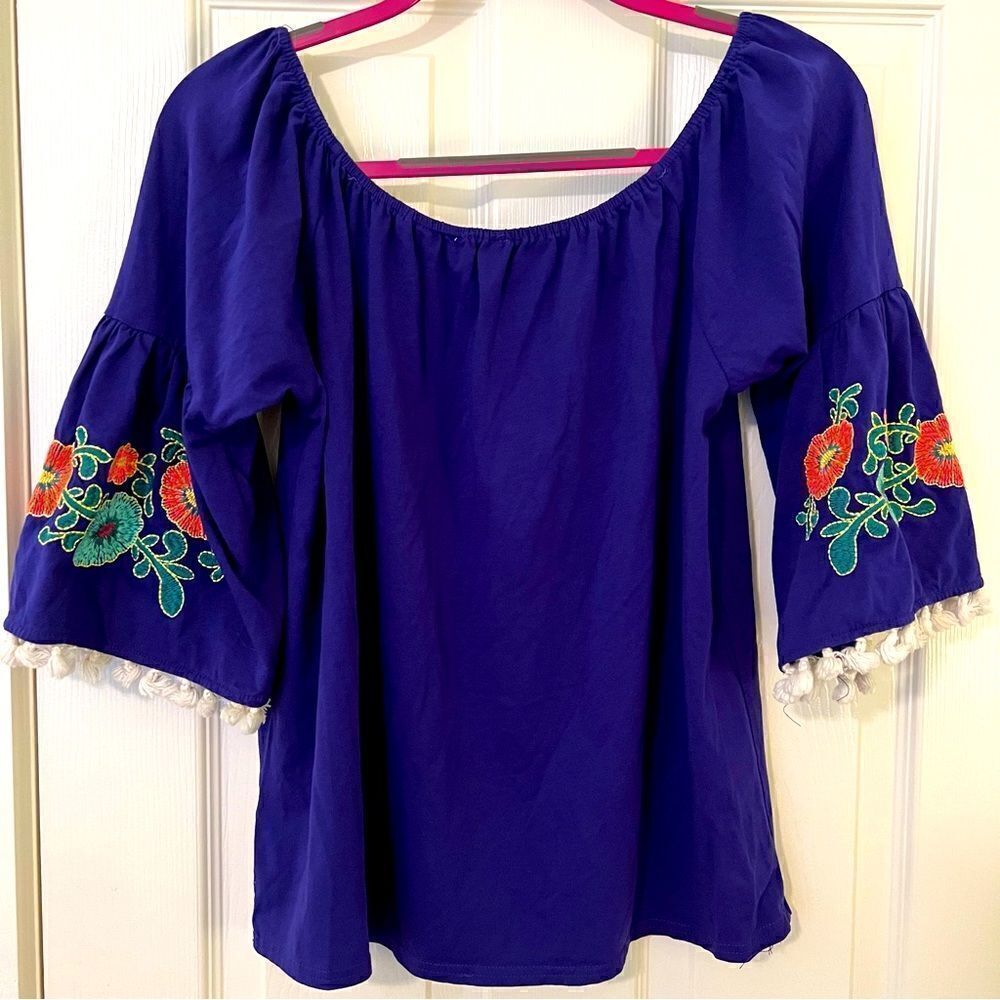 Blue Peasant Blouse with Floral Embroidery Size S